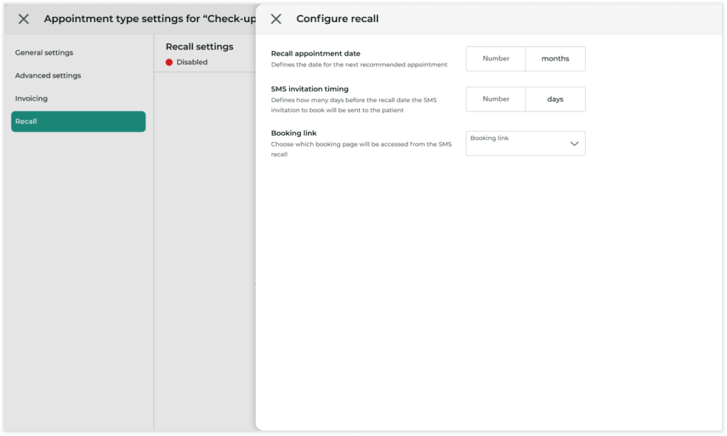 View of the configuration settings for the follow-up appointment invitation SMS.