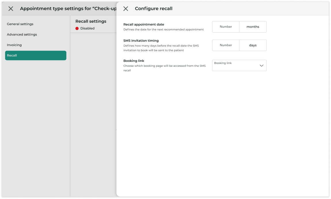 View of the configuration settings for the follow-up appointment invitation SMS.