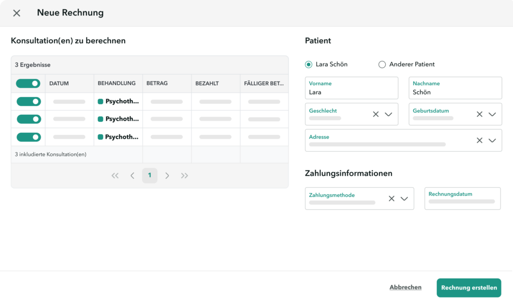 Terminserien-Psychotherapie Ansicht der Rechnungsstellungsschnittstelle OneDoc Invoice, mit der eine Reihe von Psychotherapie-Terminen in Rechnung gestellt werden können.