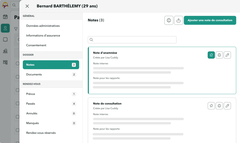 Vue des paramètres OneDoc Pro affichant les notes de consultations