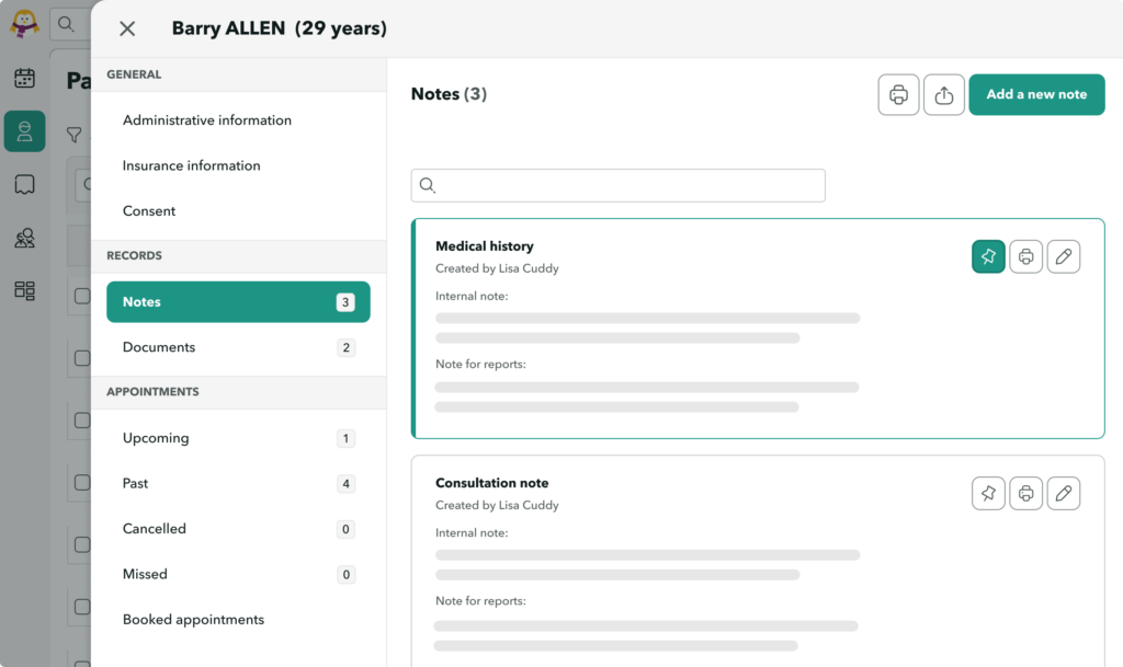 View of the OneDoc Pro settings displaying consultation notes