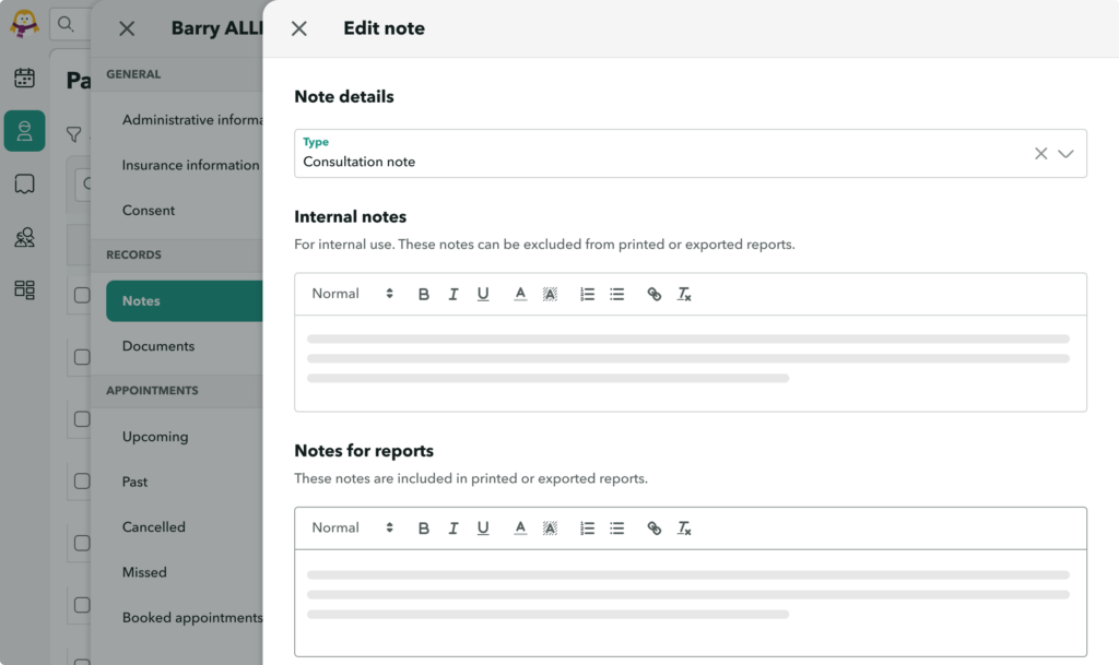 View of a note's edit page, showing the option to write internal notes or report notes.