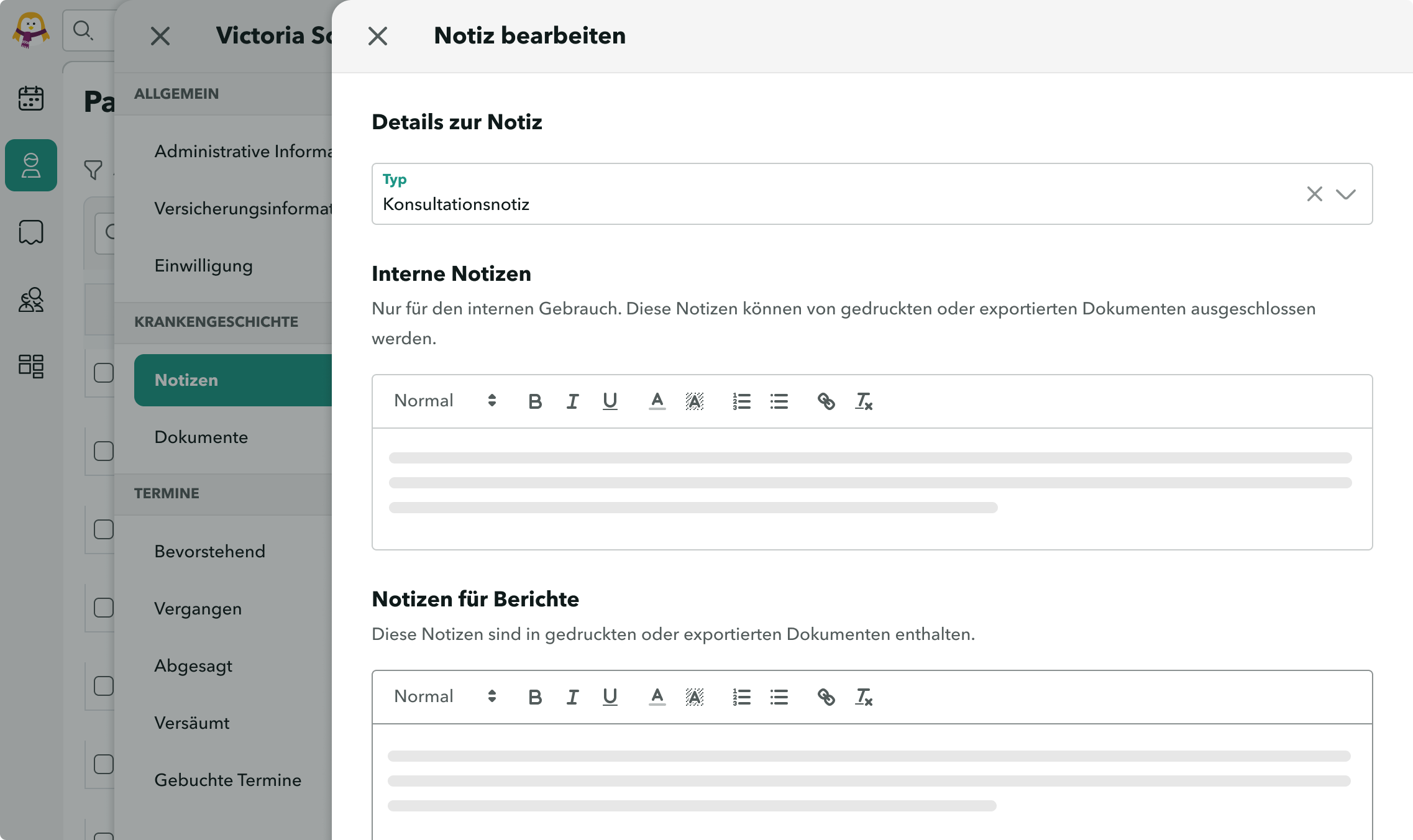Ansicht der Bearbeitungsseite einer Notiz mit der Auswahl, ob interne Notizen oder Notizen für Berichteverfasst werden sollen.