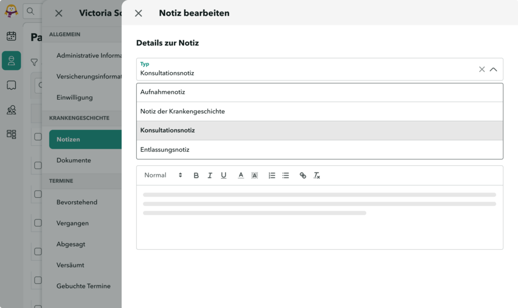 Ansicht der Notizerstellung in OneDoc Pro mit Auswahl des Notiztyps
