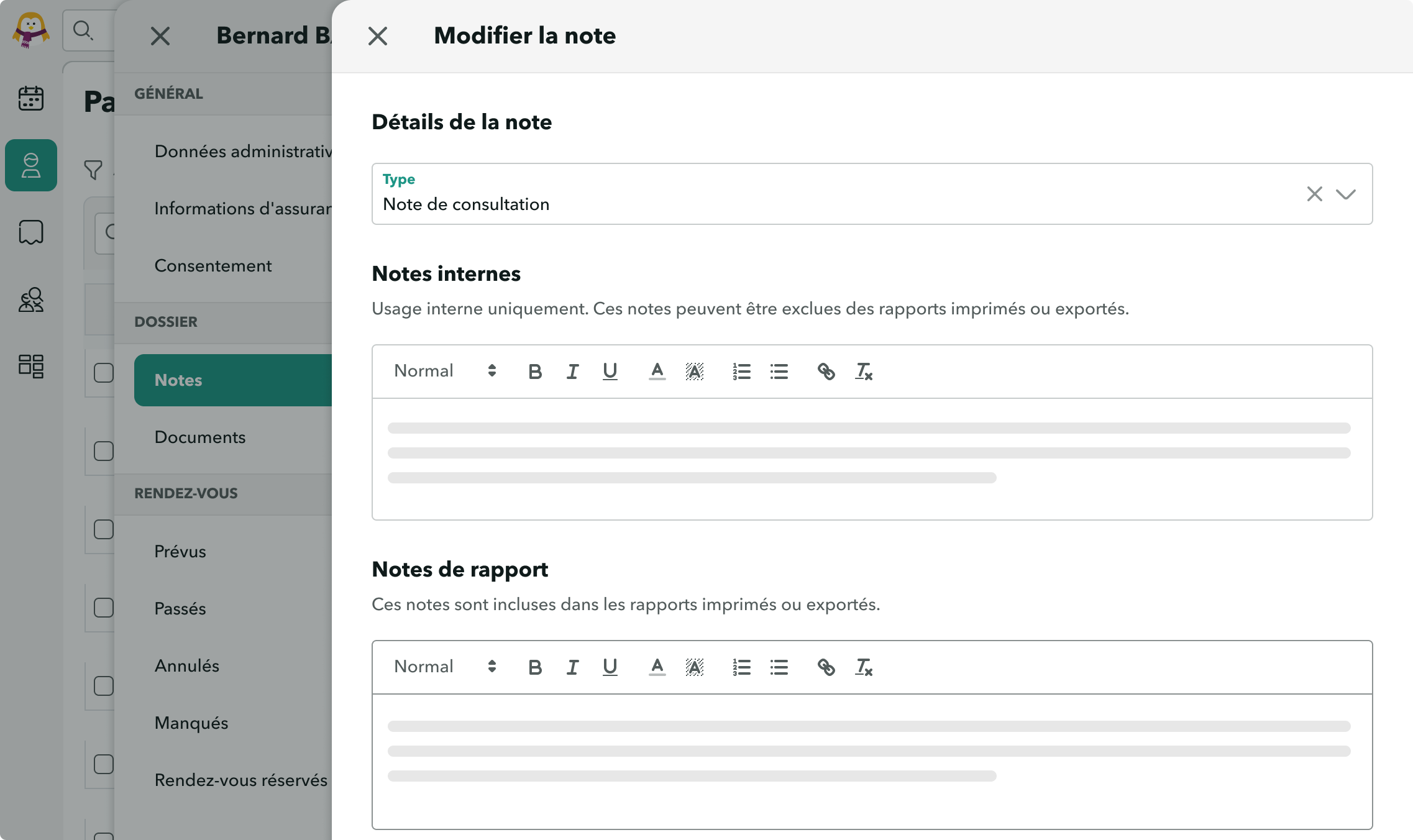 Vu de la page d'édition d'une note avec le choix d'écrire des notes internes ou des notes de rapport.