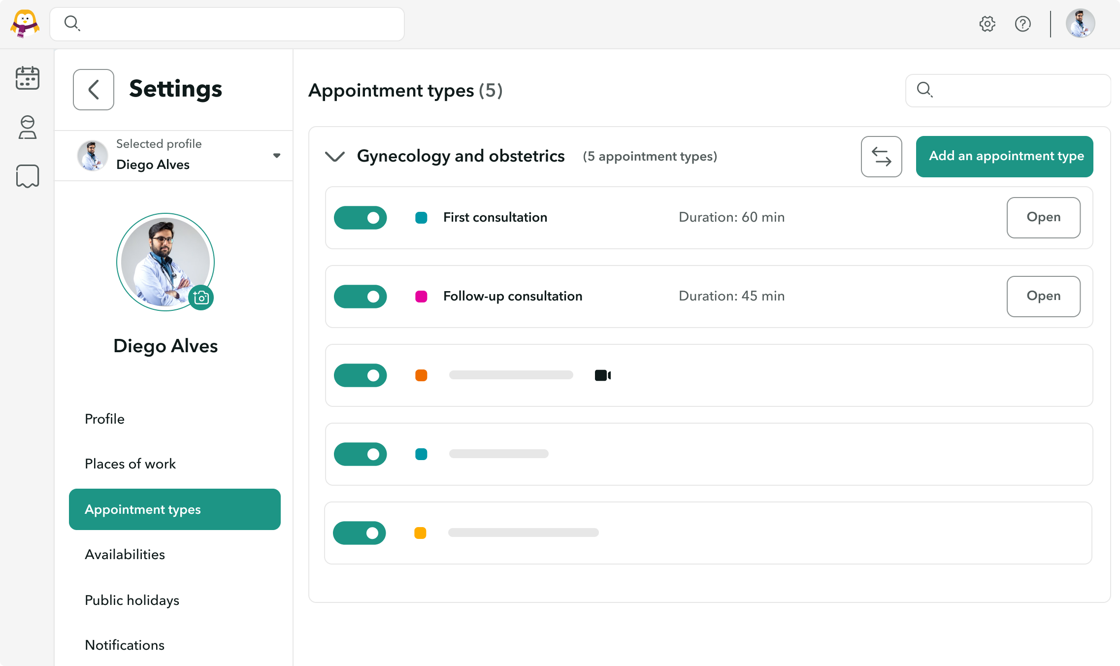 View of configuration settings for a gynecologist consultation reason.