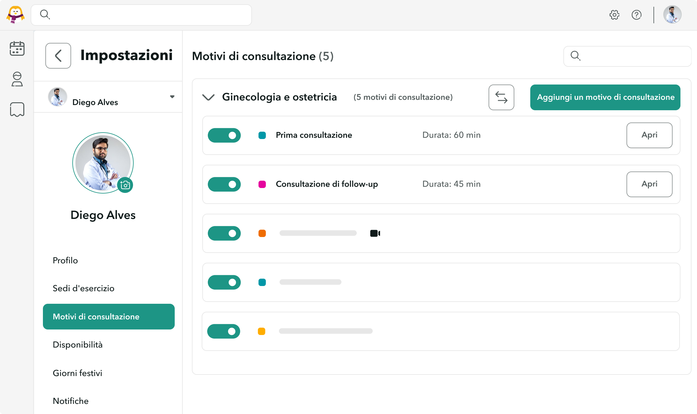 Visualizzazione dei parametri di configurazione per un motivo di consultazione ginecologica.