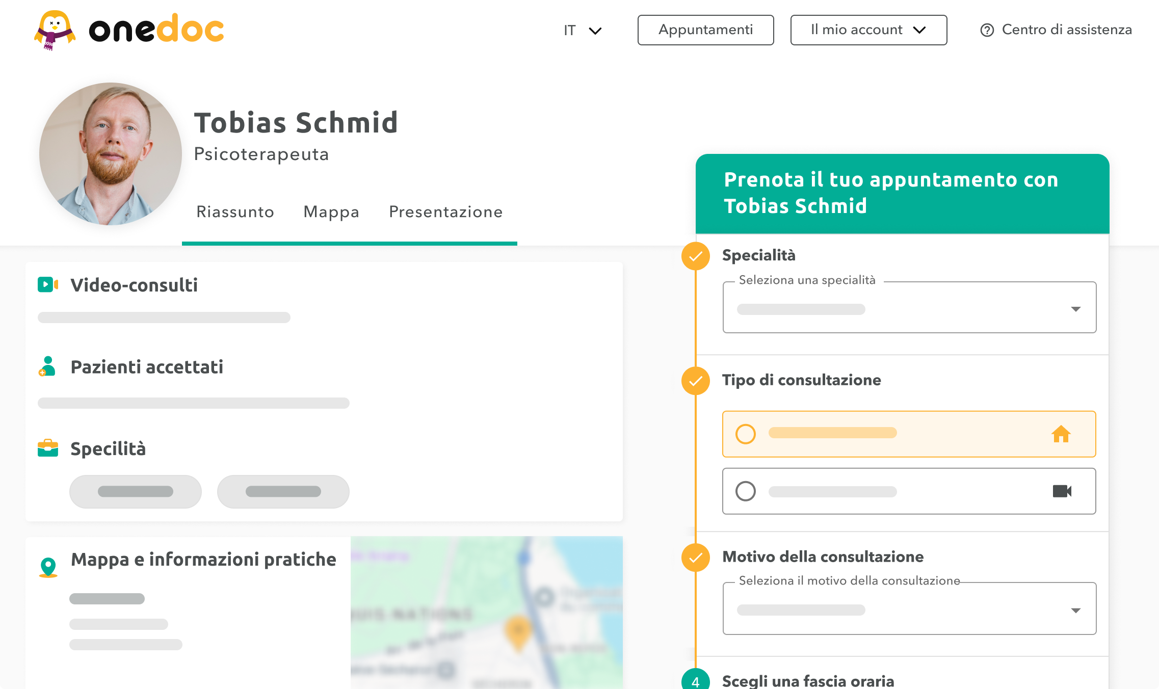 Schermata del profilo di uno psicoterapeuta su OneDoc.ch che offre la possibilità di prenotare appuntamenti online