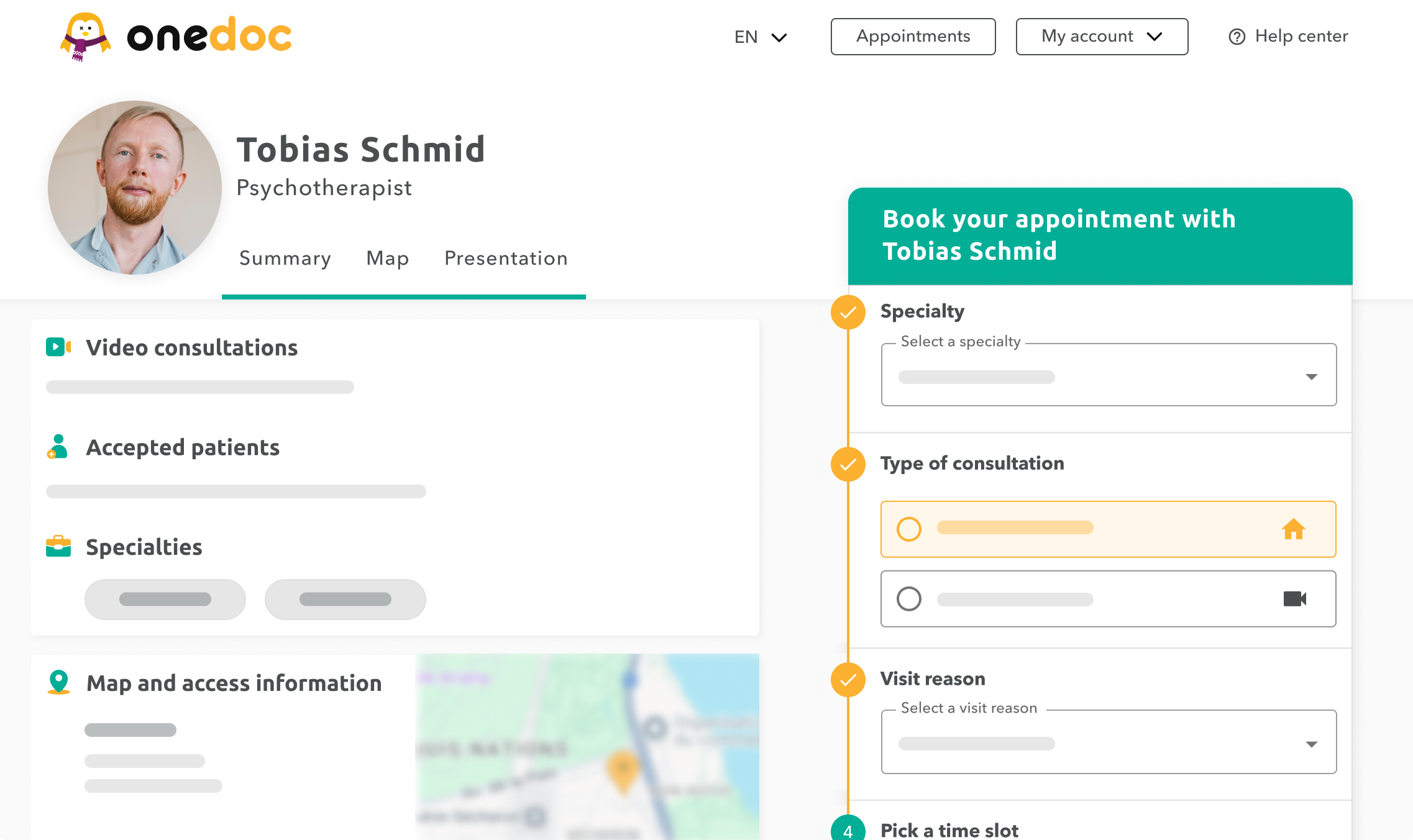 View of a psychotherapist's profile on OneDoc.ch offering online appointment booking