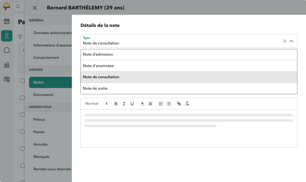 Vue de la création de notes dans OneDoc Pro avec le choix du type de notes