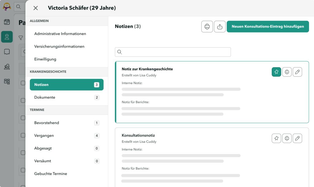 Ansicht der OneDoc Pro-Einstellungen mit den Notizen zu den Konsultationen