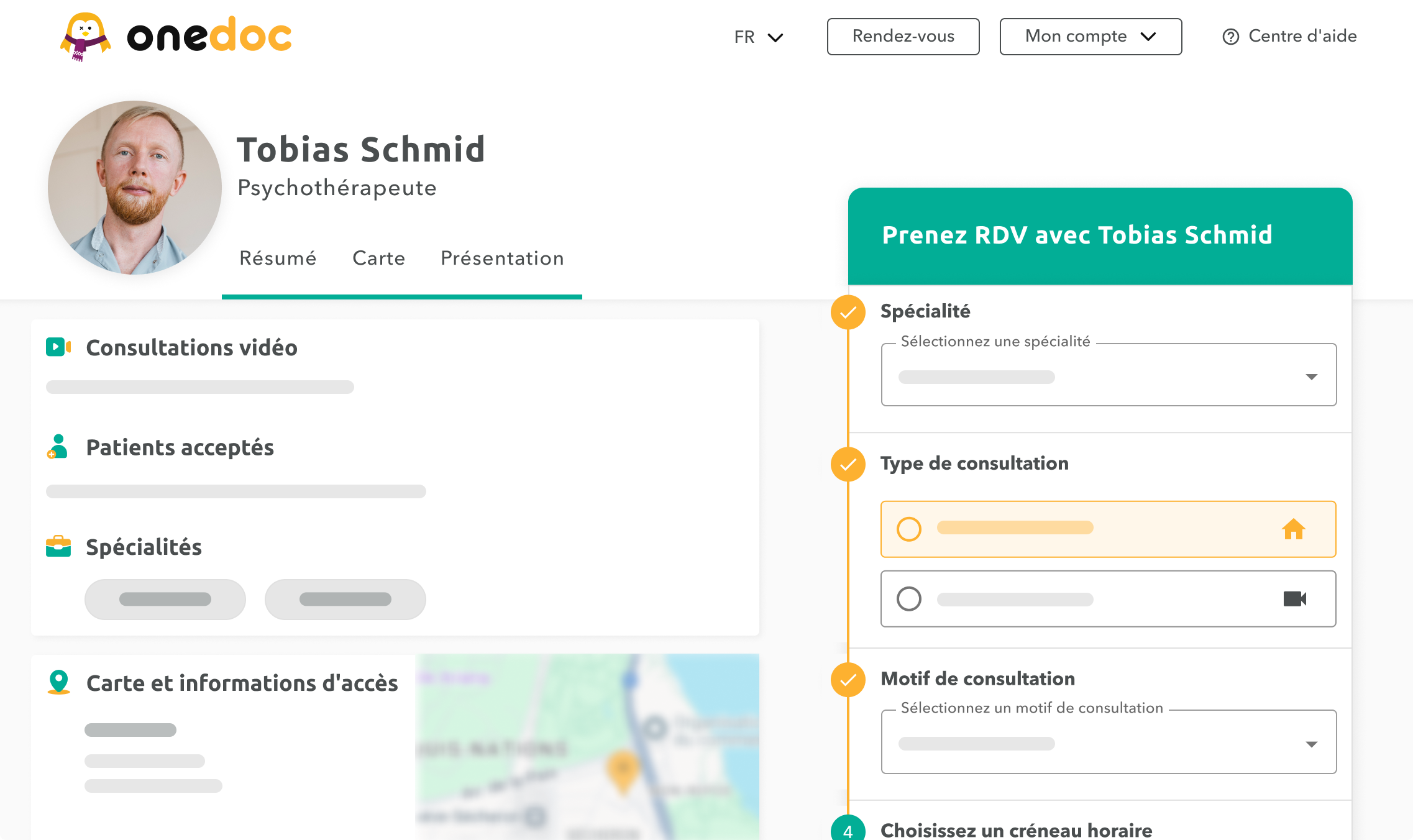 Vue d'un profil de psychothérapeute sur OneDoc.ch proposant la prise de rendez-vous en ligne