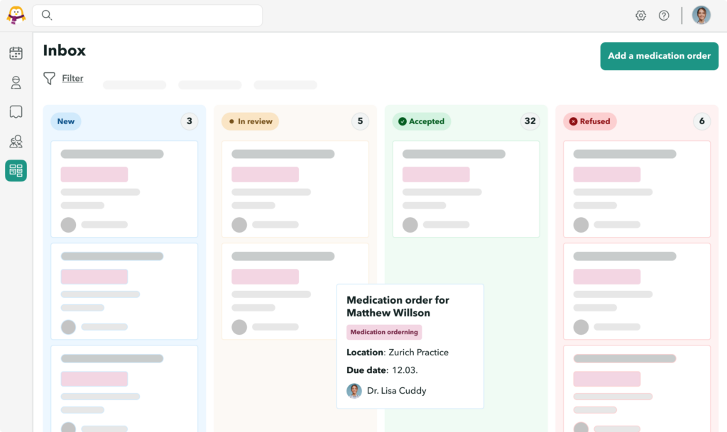 Accept-medication-order-OneDoc-Inbox View of the OneDoc Inbox interface showing a medication order task moved to the “Accepted” column