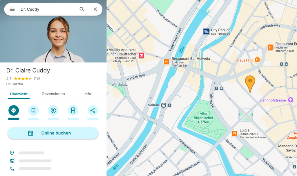 Simulation d'un profil de médecin généraliste apparaissant dans Google Maps contenant le bouton "Réserver en ligne"