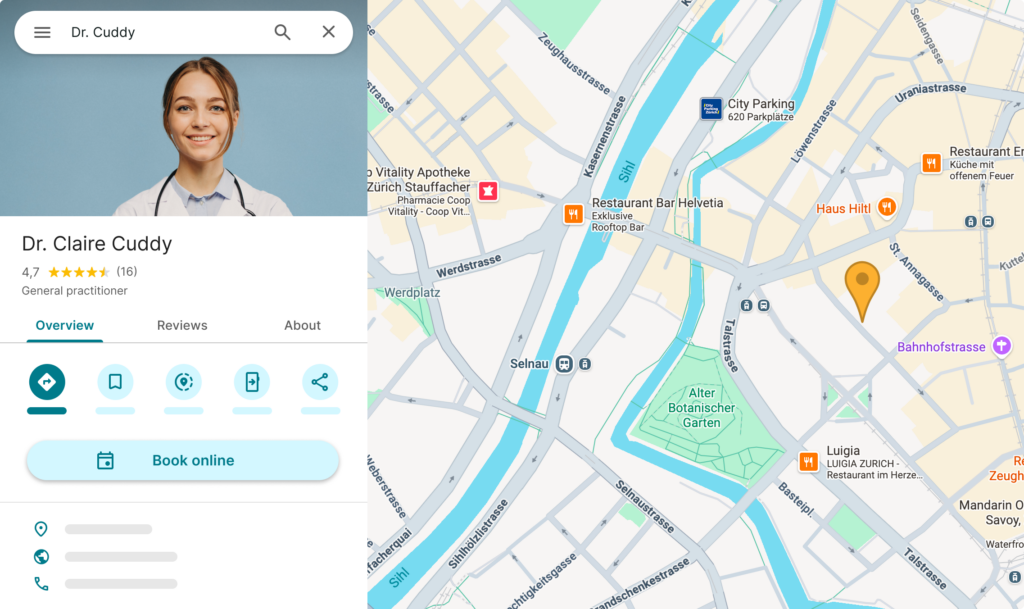 bouton-reserver-google-maps Simulation d'un profil de médecin généraliste apparaissant dans Google Maps contenant le bouton "Réserver en ligne"