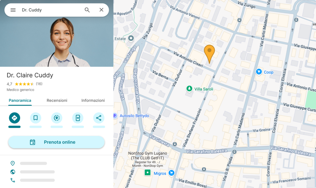Simulation d'un profil de médecin généraliste apparaissant dans Google Maps contenant le bouton "Réserver en ligne"