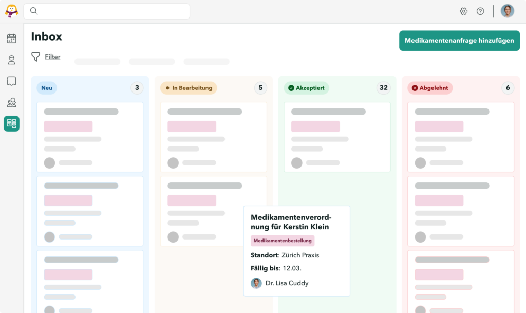 Medikamentbestellung-Akzeptieren-OneDoc Inbox Ansicht der OneDoc-Inbox-Oberfläche mit einer Medikamentenbestellung, die in die Spalte „Angenommen“ verschoben wurde.