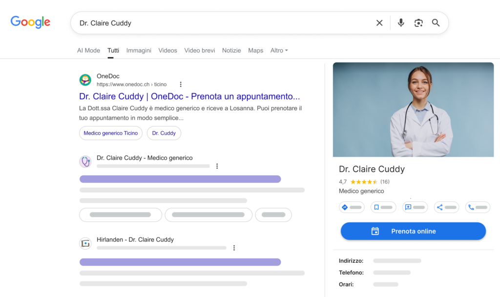 Pulsante-prenota-google Vue des résultats de recherche Google avec un docteur sur OneDoc dan les premiers résultats