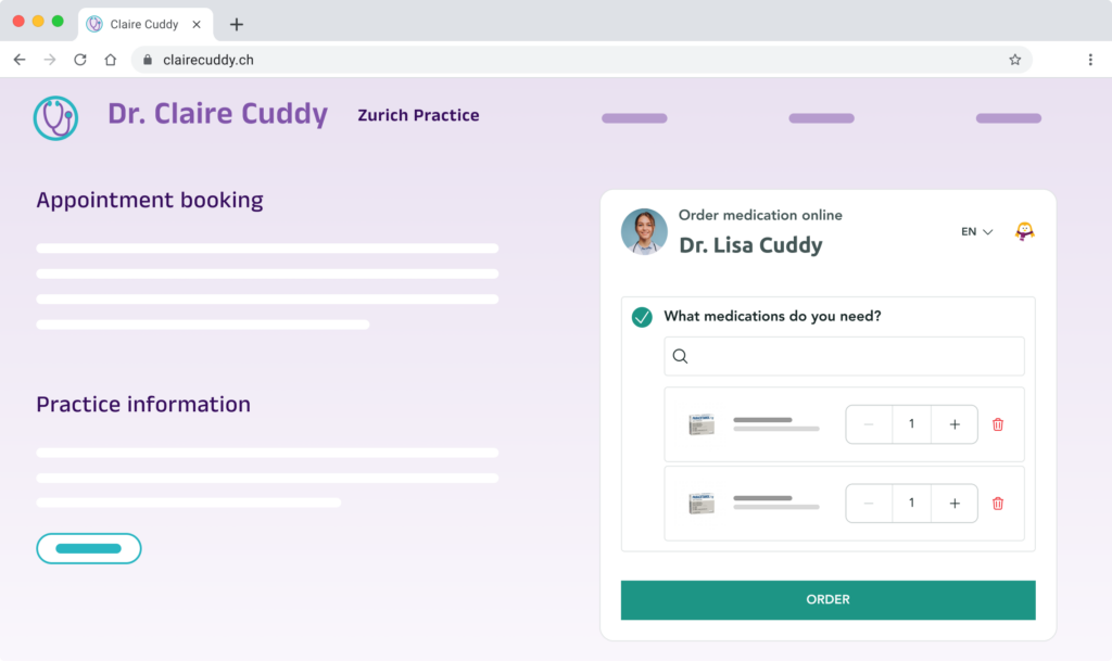 Widget-medication-ordering Example of a healthcare professional's website that allows users to order medication online with OneDoc