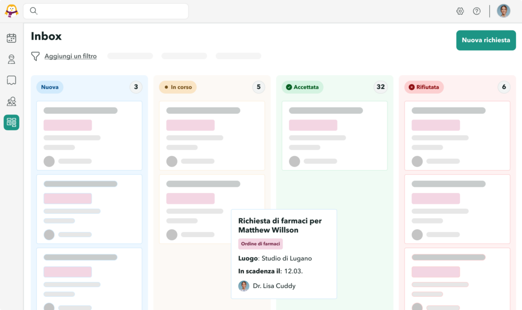Accettata-richiedi-farmaci-OneDoc-Inbox Schermata dell'interfaccia della casella di posta in arrivo di OneDoc con un ordine di farmaci spostato nella colonna “Accettato”