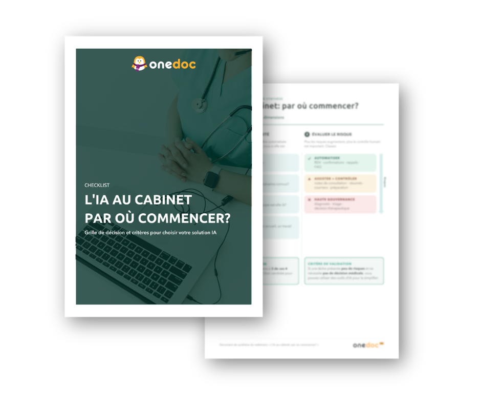 checklist-outils-ia-cabinet Vue de deux pages de la checklist des outils IA pour les cabinets médicaux